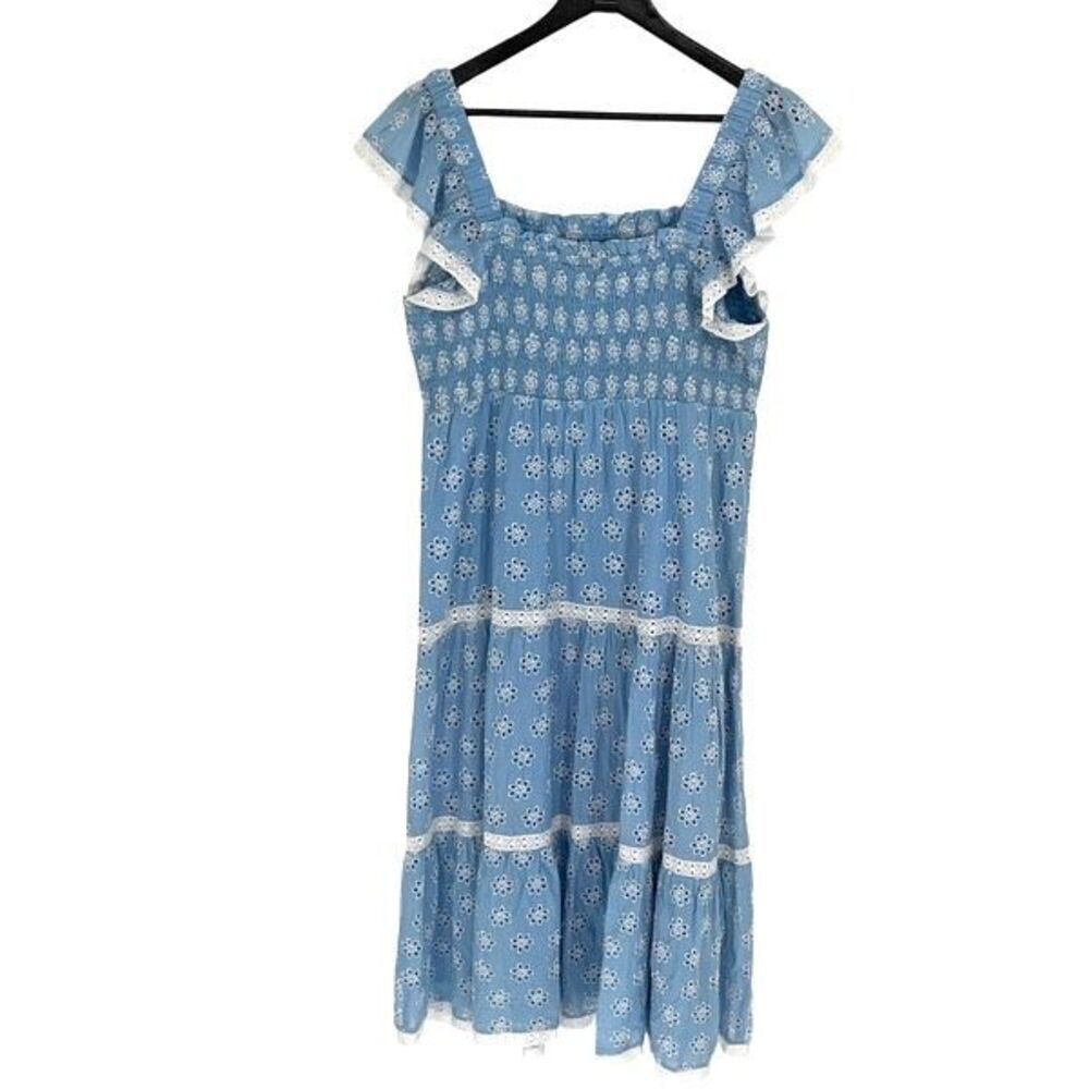 STS Sail To Sable Womens Floral Eyelet Tiered Lace Smocked Dress Blue Large NWT$